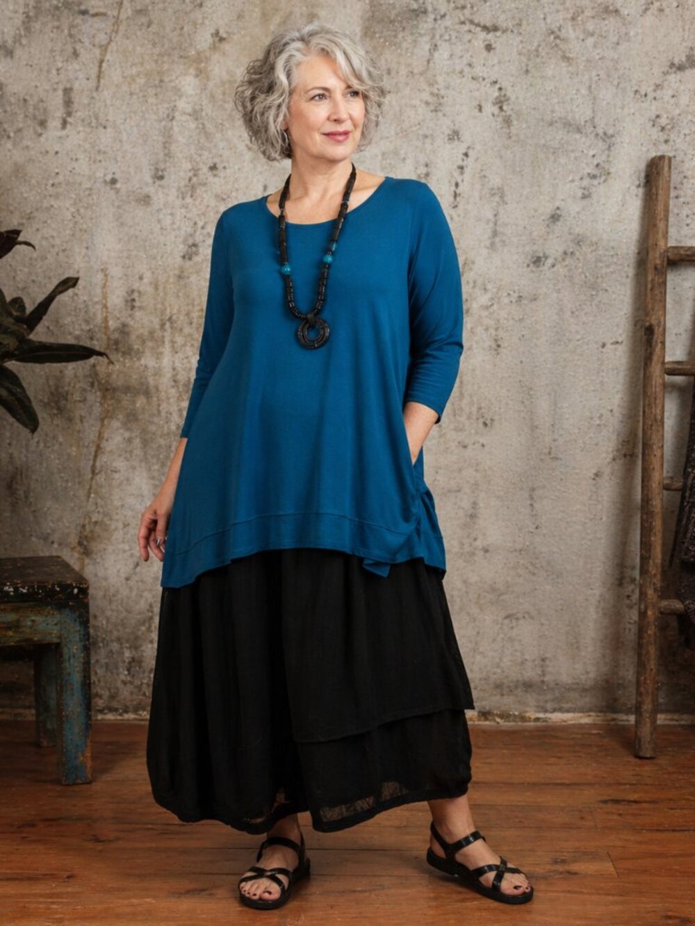 Eileen Fisher Tunic Shirt Womens Large Teal Layered Asymmetrical Hem 3/4 Sleeve